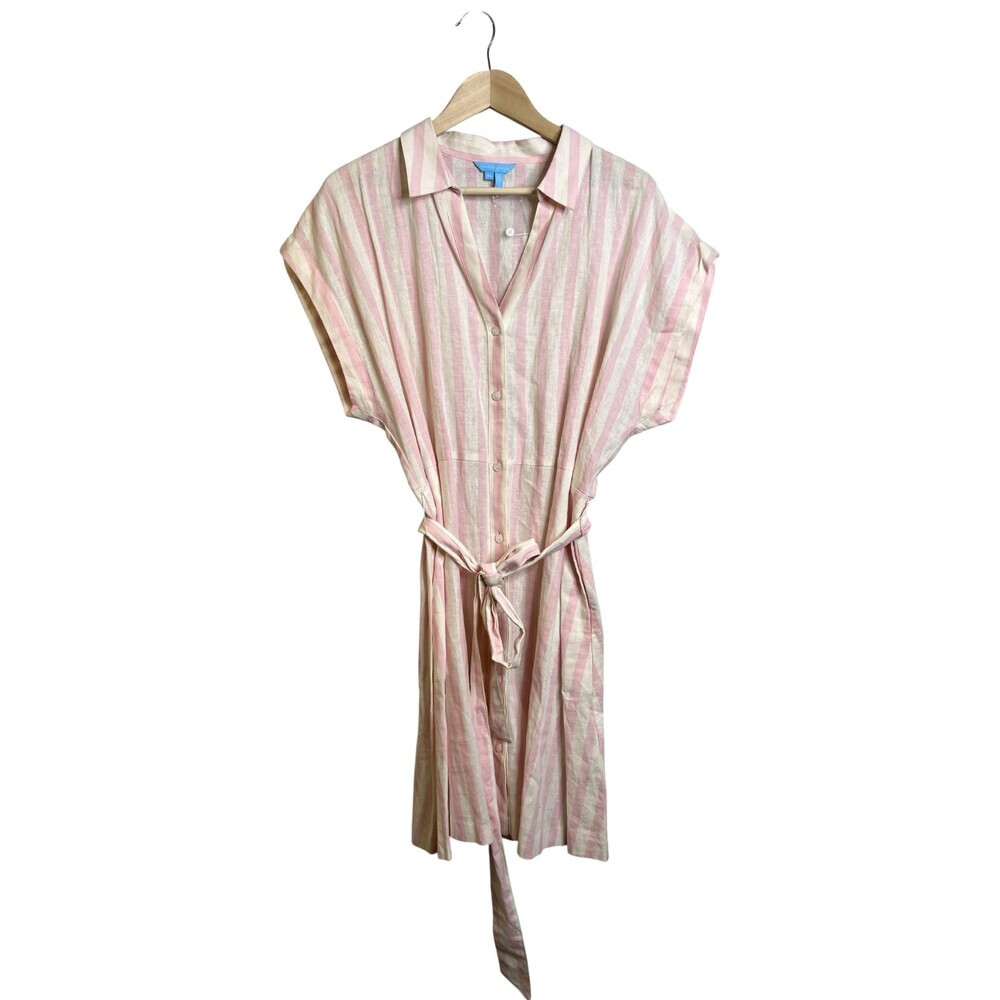 Draper James Size XL Pink Cream Stripe Linen Cotton Shirt Dress Tie Waist - Picture 2 of 5